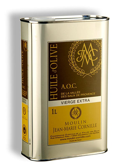 Huile d'olive vierge, Fruité Noir, doux-sucré, Baux de Provence, AOP, Cornille, 1 l