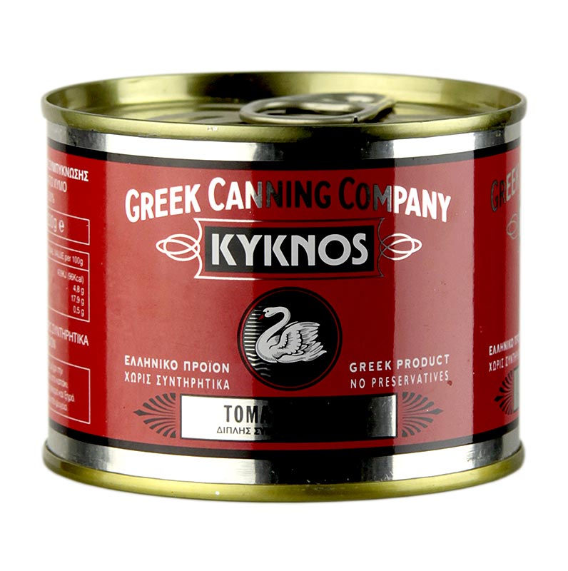 Concentré de tomates doublement concentré, produit par Kyknos, une entreprise familiale grecque depuis 4 générations, à partir de tomates mûres et gorgées de soleil, finement filtrées avec au moins 28-30% de matière sèche.