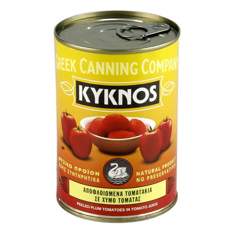 Des tomates entières, pelées, gorgées de soleil et bien mûres, dans un jus de tomate de Kyknos, une entreprise familiale grecque depuis 4 générations.