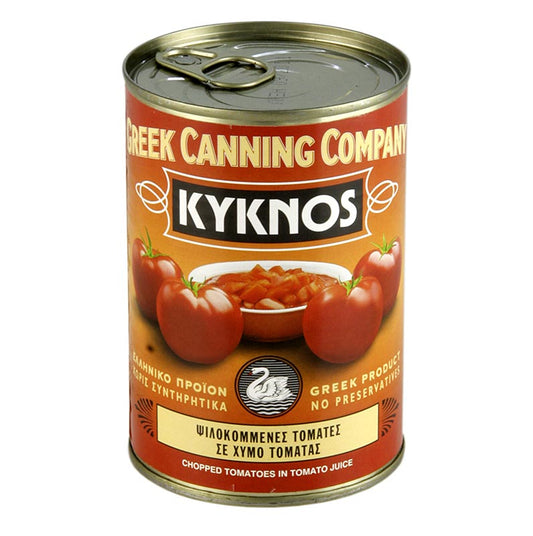 Tomates en dés, Kyknos, Grèce, 400 g - Tomates mûries au soleil dans du jus de tomate, sans conservateurs ni colorants, issues de la culture contractuelle contrôlée de Kyknos