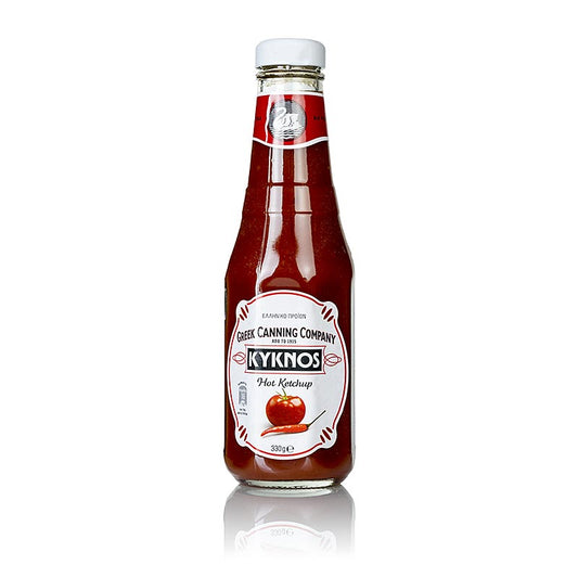 Ketchup à la tomate, épicé, Kyknos, Grèce, 290 ml - emballage de produit ketchup épicé de Grèce