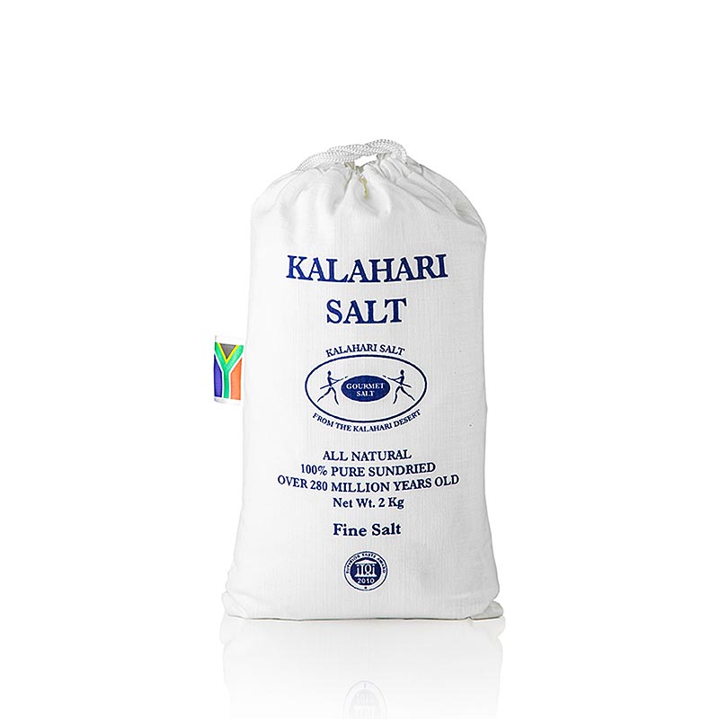 Sel en cristal d'argent du Kalahari finement moulu provenant du désert intact, riche en minéraux naturels et sans additifs, dans un emballage pratique de 2 kg pour des créations culinaires