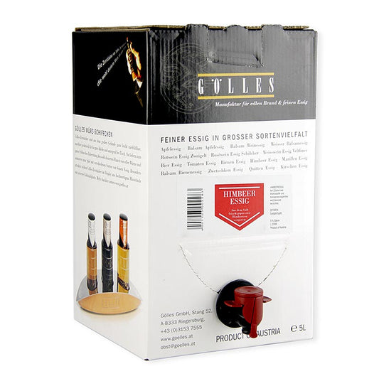 Vinaigre de framboise avec 5% d'acidité et un arôme fruité et sucré, parfait pour les vinaigrettes et les fruits frais.