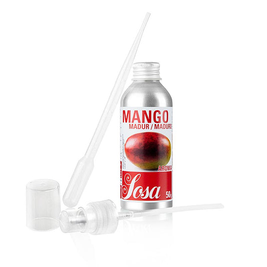 Arôme mangue mûre, liquide, 50 g - huile essentielle aromatique de haute qualité pour la pâtisserie, intense et économique, livrée avec pipette et dispositif de pulvérisation