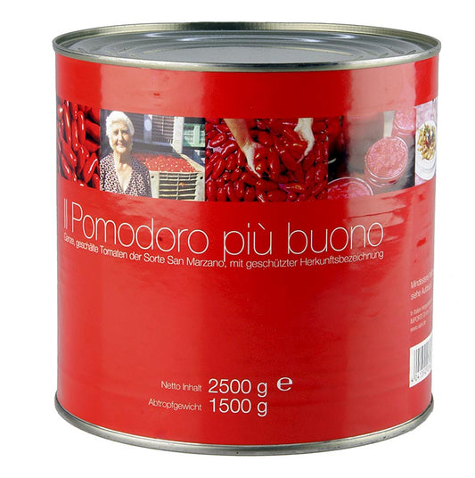 Tomates San Marzano, entières, rouges, pelées, Campanie, Italie, 2,5 kg - Tomates de qualité supérieure récoltées à la main en Campanie avec appellation d'origine protégée