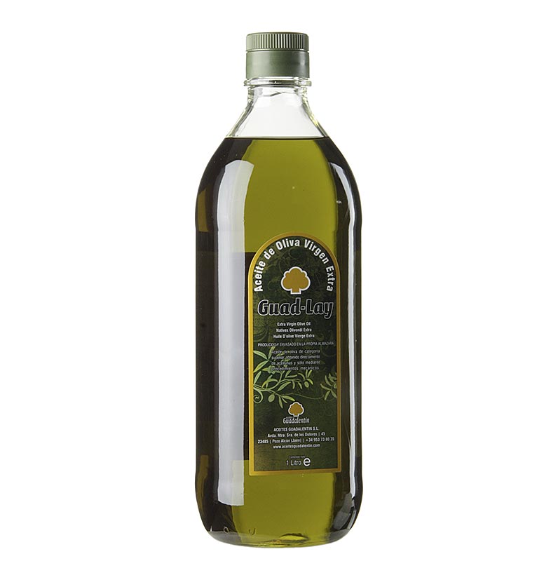 Huile d'olive vierge extra, Aceites Guadalentin Guad Lay, 100% Picual, 1 l - Huile d'olive d'un vert doré intense, issue de l'olive Picual, qui rappelle l'herbe, le thym, la menthe et le fenouil, avec des notes douces, herbacées, épicées et fruitées Fabriquée dans la province andalouse de Jaen, la plus grande région oléicole du monde, grâce à une pression à froid à température contrôlée et à des tests de qualité.