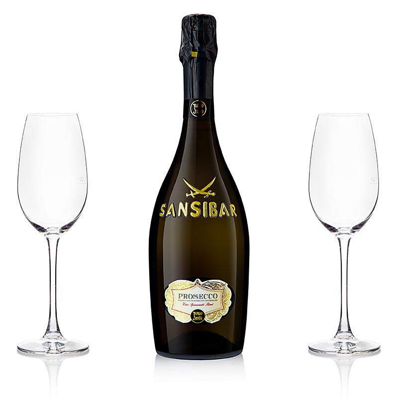 Zanzibar's Best San Simone Prosecco Brut 0,75l + 2 flûtes à champagne Riedel, 3 pcs.