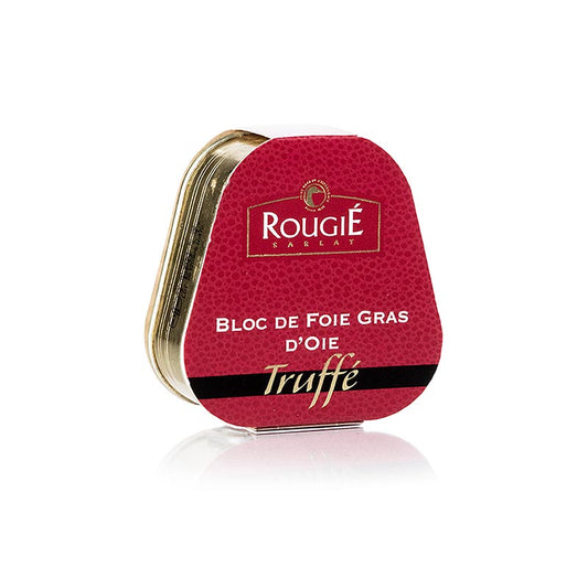 Bloc de foie gras d'oie truffé à 3% de Rougié, 75 g, en forme de trapèze, à découper et à servir tempéré entre 8 et 12 °C, une conserve complète