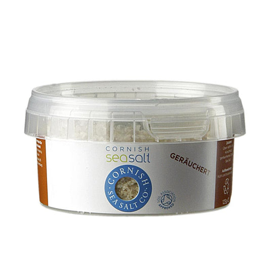 Flocons de sel marin fumé de Cornouailles/Angleterre, 125 g - Flocons de sel marin finement aromatiques, lentement fumés sur du bois de pommier et de cerisier, récoltés à la main et contenant plus de 60 minéraux et oligo-éléments précieux provenant d'eaux propres au large des côtes de Cornouailles.