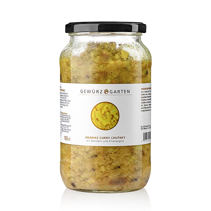 Chutney de curry d'ananas frais et fruité avec des amandes, de la fleur de sureau et de la citronnelle, idéal pour les plats créoles et caribéens avec du poisson, des crustacés et du porc, ainsi que du riz, des haricots, du gombo et des patates douces.