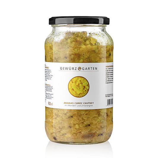 Chutney de curry d'ananas frais et fruité avec des amandes, de la fleur de sureau et de la citronnelle, idéal pour les plats créoles et caribéens avec du poisson, des crustacés et du porc, ainsi que du riz, des haricots, du gombo et des patates douces.