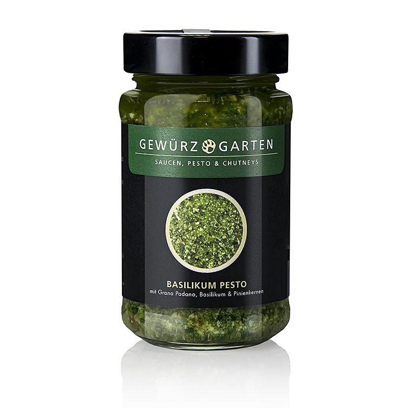 Gewürzgarten Basilikum Pesto, avec basilic, pignons de pin, grana padano, 225 ml - Le plaisir d'un pesto noisette et épicé, vainqueur du grand test du pesto de la FAZ en 2015
