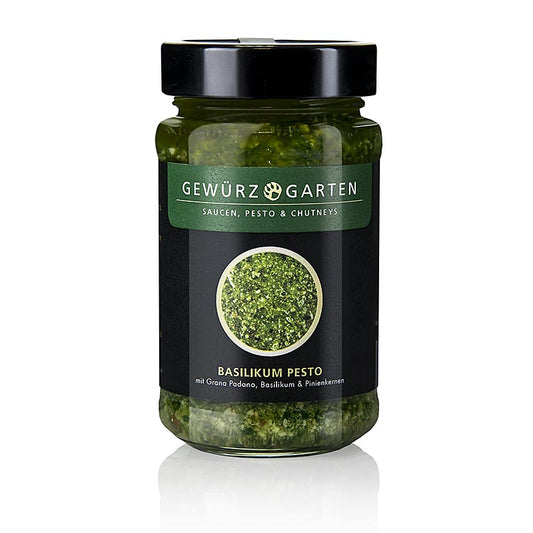 Gewürzgarten Basilikum Pesto, avec basilic, pignons de pin, grana padano, 225 ml - Le plaisir d'un pesto noisette et épicé, vainqueur du grand test du pesto de la FAZ en 2015