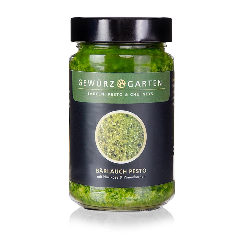Gewürzgarten Pesto à l'ail des ours, avec pignons de pin, grana padano et sel marin, 225 ml - Pesto artisanal à l'ail des ours frais, pignons de pin grillés, fromage grana padano et un soupçon de sel marin, idéal pour les pâtes et à tartiner, contenance 225 ml