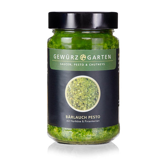 Gewürzgarten Pesto à l'ail des ours, avec pignons de pin, grana padano et sel marin, 225 ml - Pesto artisanal à l'ail des ours frais, pignons de pin grillés, fromage grana padano et un soupçon de sel marin, idéal pour les pâtes et à tartiner, contenance 225 ml