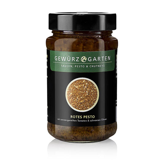Pesto rouge aux tomates mûries au soleil et aux olives noires, idéal pour la préparation de pâtes et de légumes au wok, 225 ml