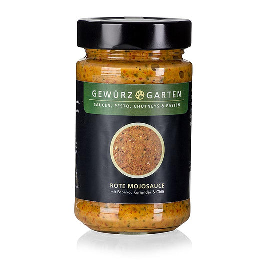 Gewürzgarten Sauce mojo rouge, au paprika, au piment et à la coriandre, 225 ml - Sauce canarienne classique à base de poivrons rouges, de piments, d'ail, de coriandre, de cumin et de vinaigre, parfaite pour les pappas, les pâtes, les viandes froides et les poissons grillés Sauce fruitée et piquante