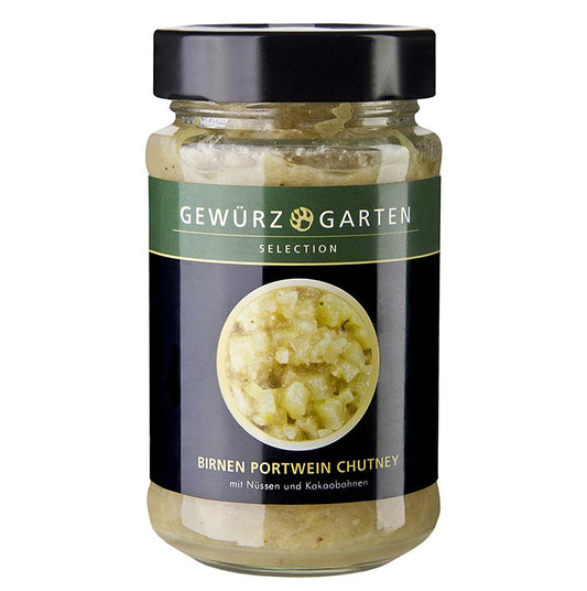 Chutney de poire au porto avec des noix, du gingembre et des fèves de cacao, idéal pour les rôtis froids et la soupe de pommes de terre