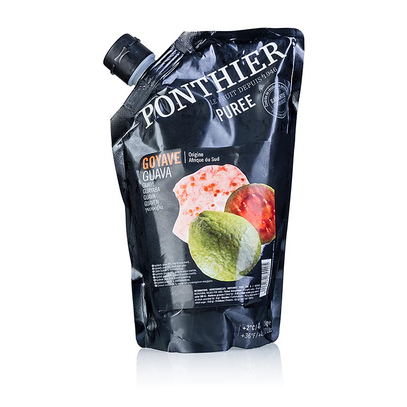 Purée fraîche, intensément colorée et au goût authentique de 1 kg de goyave rose au sucre de Ponthier, idéale pour la haute cuisine et utilisable de manière polyvalente dans les tartes, les pâtisseries, les desserts ou les glaces.