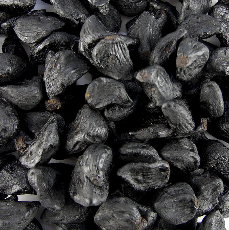 250 g d'ail noir fermenté sans peau, aux arômes de pruneau, de vanille grillée, de réglisse et de vinaigre balsamique foncé, doux et gélatineux, vieilli par fermentation naturelle dans des jarres en argile, parfait comme snack piquant, pour le beurre à l'ail, les sauces foncées ou comme topping de dessert, sans arrière-goût ni odeur