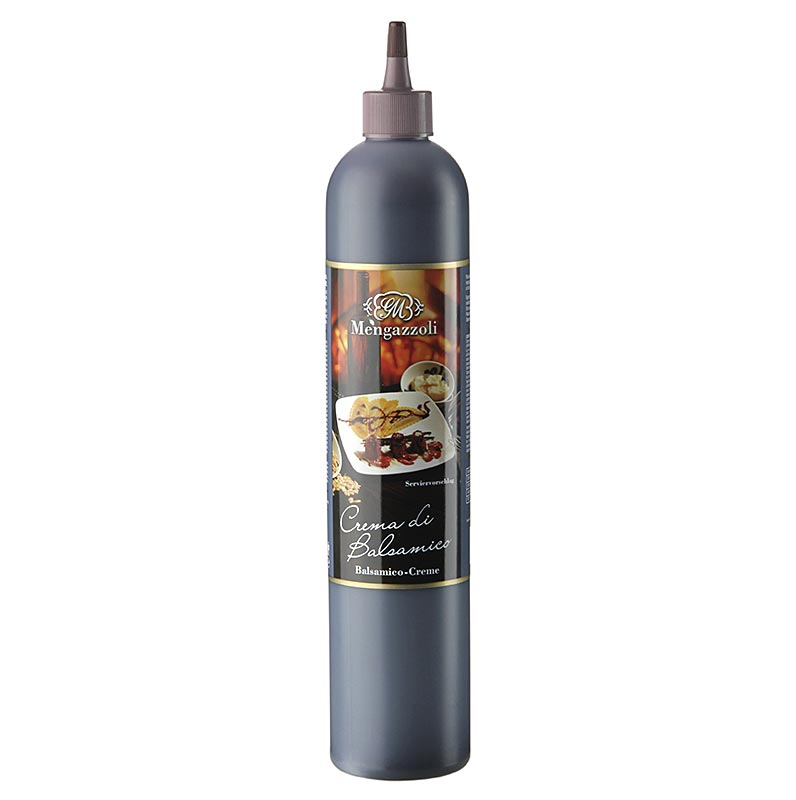 Crème de vinaigre balsamique onctueuse d'Acetificio Mengazzoli, idéale pour assaisonner les salades, les entrées et les desserts, conditionnée dans une élégante bouteille de 540 g.