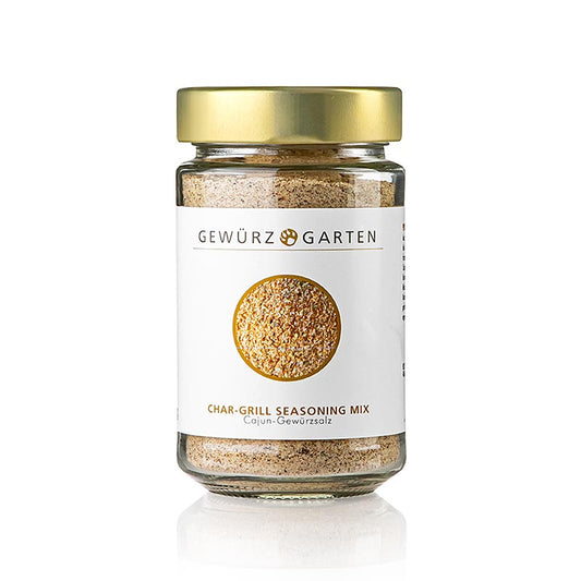 Gewürzgarten Char Grill Seasoning Mix, sel d'assaisonnement cajun, 180 g - Un mélange de sel cristallisé pakistanais, de piment, d'ail, de cumin et d'herbes aromatiques, idéal pour assaisonner les viandes grillées dans la cuisine cajun des États du sud des États-Unis.