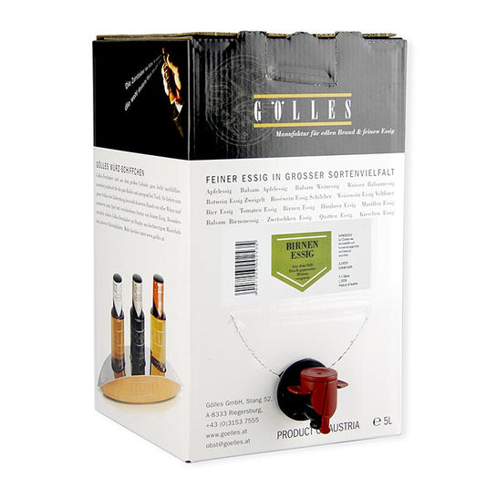 Vinaigre de poire de Gölles, 5% d'acidité, 5 l - Vinaigre fruité, doux, très aromatique, issu de vieilles poires à cidre, avec une agréable teneur en tanins, idéal pour affiner les desserts aux poires, les noix ou les salades.
