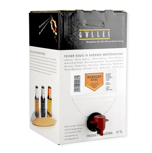 Vinaigre d'abricot Gölles, 5% d'acidité, 5 l - Vinaigre de qualité supérieure à base d'abricots autrichiens mûrs, idéal pour les plats d'Extrême-Orient et les préparations aigre-douces de viande de porc et de volaille ainsi que pour les desserts raffinés aux abricots