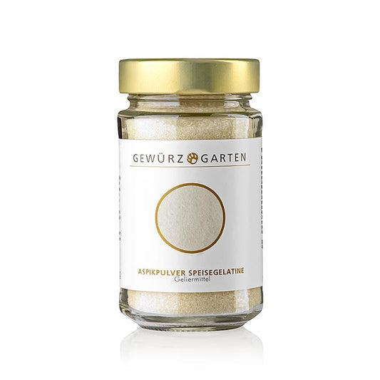 Gewürzgarten Aspikpulver - gélatine alimentaire (300 Bloom), 150 g : Pour la fabrication d'aspics de viande et de poisson, de plats en gelée, de tartes, de puddings, de plats à la crème, de gelées à base de jus de fruits, de fruits en gelée, de glaces et de liants pour crème fouettée Solidification et re-liquéfaction rapides au bain-marie Renversement de moules métalliques par immersion dans l'eau chaude