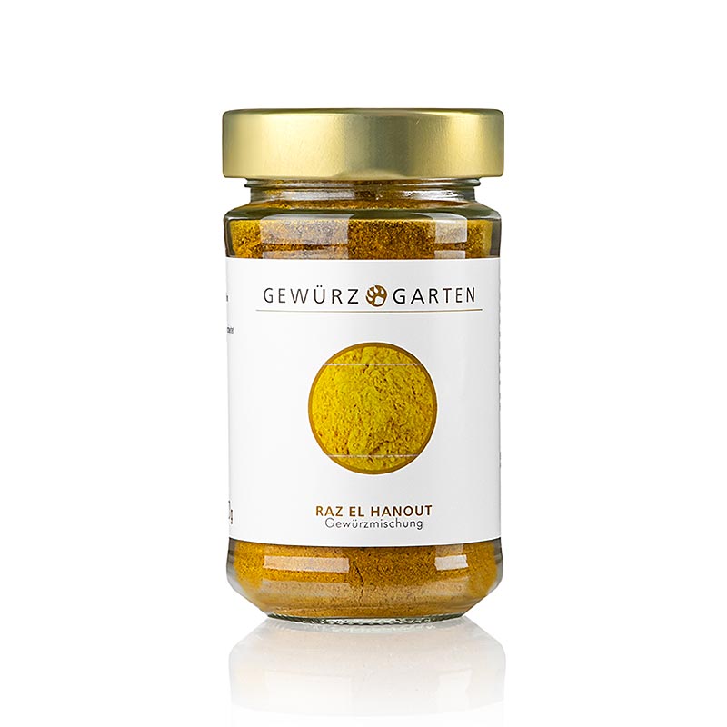 Gewürzgarten Raz el Hanout - mélange d'épices pour couscous, 100 g : un mélange aromatique composé de jusqu'à 30 épices différentes, qui accompagne parfaitement les plats nord-africains comme le couscous, le tajine, la viande, le poisson et les ragoûts.
