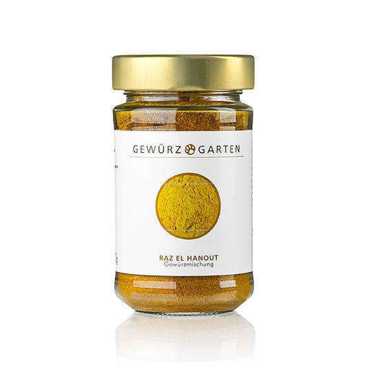 Gewürzgarten Raz el Hanout - mélange d'épices pour couscous, 100 g : un mélange aromatique composé de jusqu'à 30 épices différentes, qui accompagne parfaitement les plats nord-africains comme le couscous, le tajine, la viande, le poisson et les ragoûts.