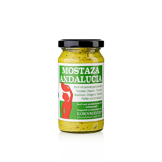 Kornmayer - Mostaza Andalucia, avec tomates, câpres et graines de fenouil, 210 ml : des tomates séchées au soleil, des câpres, de l'ail et des graines de fenouil confèrent à cette mostaza Andalucia son arôme unique, qui accompagne parfaitement les plats méditerranéens ainsi que les grillades et les plats mijotés.