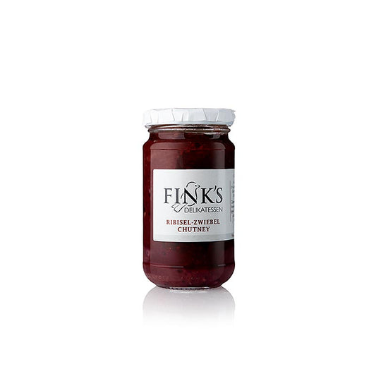 Un bocal de chutney de groseilles et d'oignons de Fink's Delikatessen, 210 g, au goût puissant, acidulé et frais, accompagne à merveille le poisson cuit à la vapeur, la volaille, la viande de boucherie, le veau, le foie ou les spécialités de porc laineux.