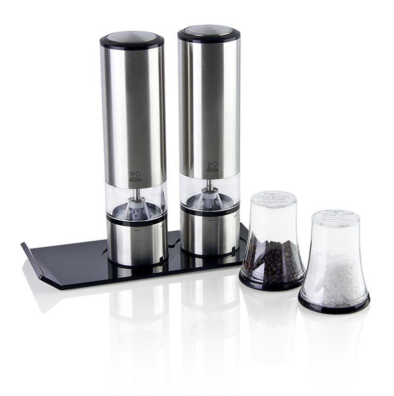 Moulin à sel et à poivre électrique Peugeot ELIS Set en acier inoxydable, 5 pièces, avec technologie Sensortouch et boîtes à provisions Contient 1 moulin à sel Elis, 1 moulin à poivre Elis, 2 boîtes à provisions avec entonnoir de remplissage et 1 dessous de plat