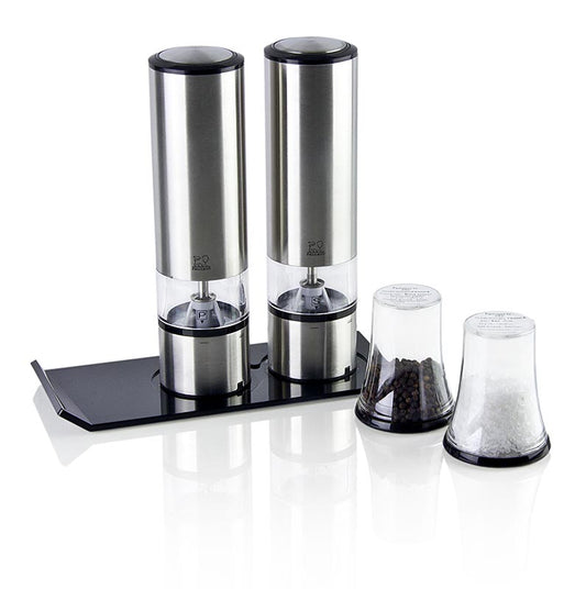 Moulin à sel et à poivre électrique Peugeot ELIS Set en acier inoxydable, 5 pièces, avec technologie Sensortouch et boîtes à provisions Contient 1 moulin à sel Elis, 1 moulin à poivre Elis, 2 boîtes à provisions avec entonnoir de remplissage et 1 dessous de plat
