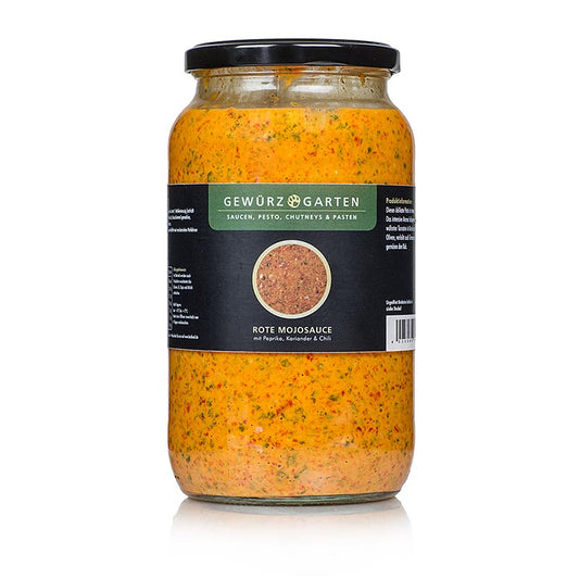 Grand emballage de 900 ml de sauce mojo rouge de Gewürzgarten au paprika, au piment et à la coriandre, idéale pour les dips, les marinades et les plats exotiques.