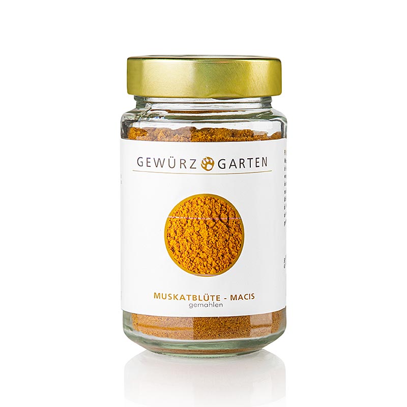Fleur de muscade du jardin d'épices - macis, moulu, 100 g : Macis finement moulu, la délicate enveloppe orange des graines de la noix de muscade, idéal pour assaisonner subtilement les soupes, le poisson, le fromage et pour les pâtisseries de Noël.