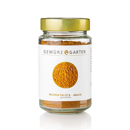Fleur de muscade du jardin d'épices - macis, moulu, 100 g : Macis finement moulu, la délicate enveloppe orange des graines de la noix de muscade, idéal pour assaisonner subtilement les soupes, le poisson, le fromage et pour les pâtisseries de Noël.