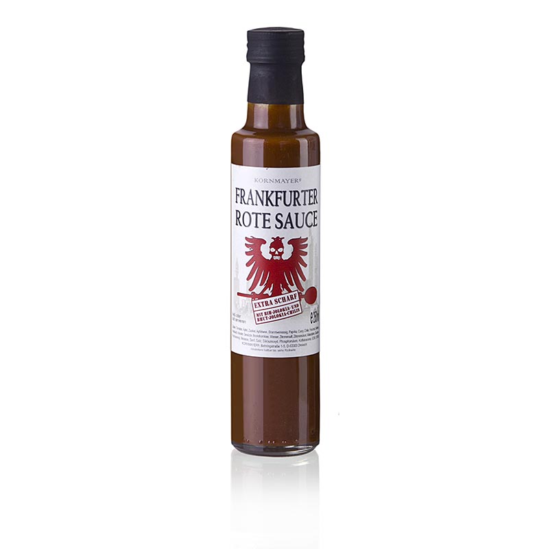 Kornmayer - Frankfurter Rote Sauce, Extra Scharf, 250 ml - Sauce au curry piquante avec du Chili Bhut Joloka et une note de BBQ indienne au curry et à la fumée pour les saucisses au curry, les steaks, les hamburgers, les hot-dogs, les viandes grillées et pour mariner Servir chaud ou froid !