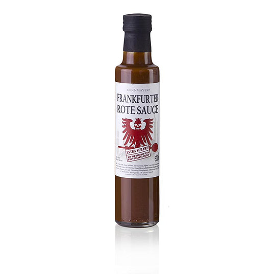 Kornmayer - Frankfurter Rote Sauce, Extra Scharf, 250 ml - Sauce au curry piquante avec du Chili Bhut Joloka et une note de BBQ indienne au curry et à la fumée pour les saucisses au curry, les steaks, les hamburgers, les hot-dogs, les viandes grillées et pour mariner Servir chaud ou froid !