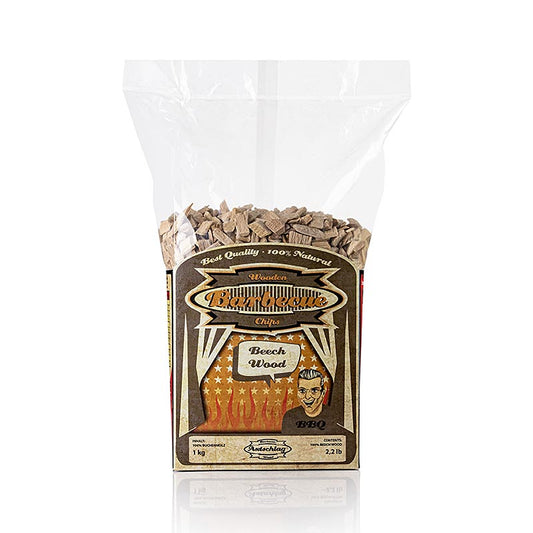 Chips de fumage en bois de hêtre (Beech), 1 kg - idéal pour obtenir des arômes de fumée épicés lors de la cuisson de poissons, de viandes et de volailles, convient à tous les grils et fumoirs, 100% bois pur sans écorce ni composants étrangers