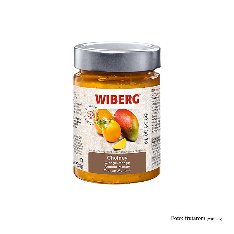 WIBERG Chutney Orange-Mangue, 390 g - goût : discrètement amer d'orange, note fruitée intense de mangue avec de la menthe fraîche, jaune doré brillant avec des herbes et des morceaux de fruits visibles, sans gluten ni lactose, idéal pour les plats de volaille