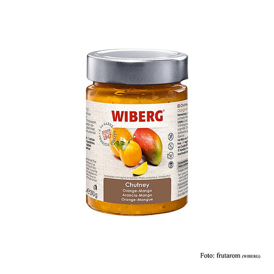 WIBERG Chutney Orange-Mangue, 390 g - goût : discrètement amer d'orange, note fruitée intense de mangue avec de la menthe fraîche, jaune doré brillant avec des herbes et des morceaux de fruits visibles, sans gluten ni lactose, idéal pour les plats de volaille