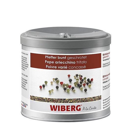 Poivre Wiberg multicolore concassé en paquet de 290 g, idéal pour assaisonner les salades, les soupes, les viandes et bien d'autres choses encore.