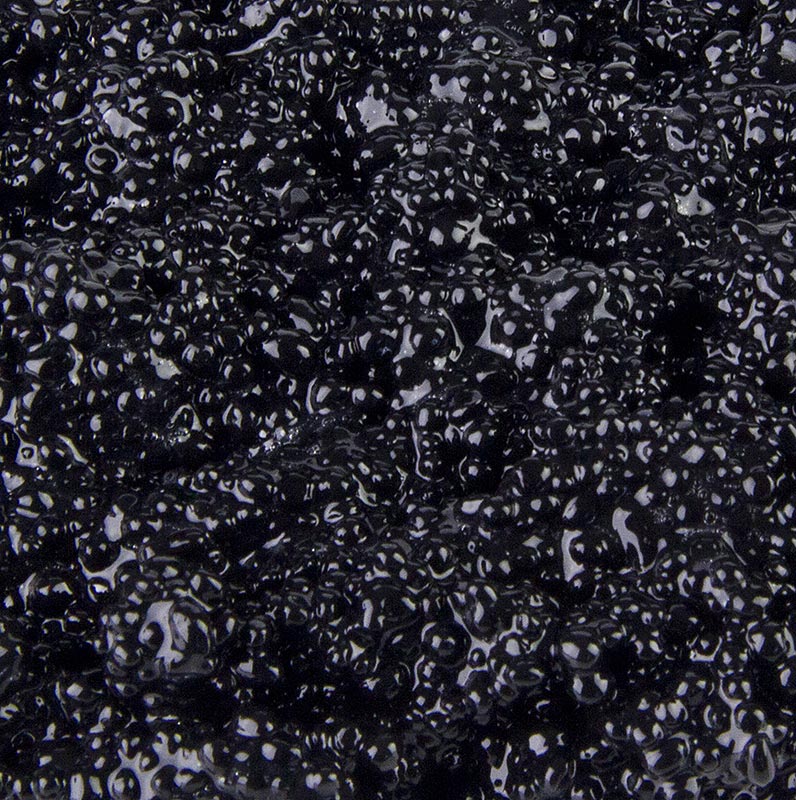 Caviar d'algues végétalien de Cavi-Art® en noir, utilisable de multiples façons en cuisine, grande résistance à la chaleur, pas de décoloration, consistance dense, couleur claire, délicieusement frais et bien croquant