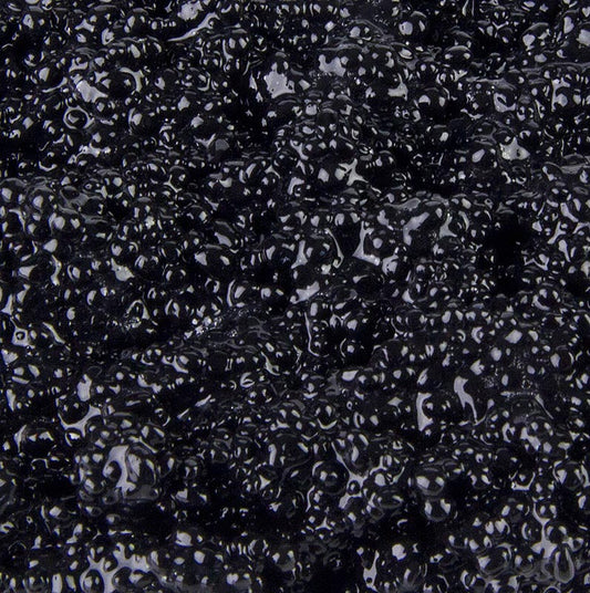 Caviar d'algues végétalien de Cavi-Art® en noir, utilisable de multiples façons en cuisine, grande résistance à la chaleur, pas de décoloration, consistance dense, couleur claire, délicieusement frais et bien croquant