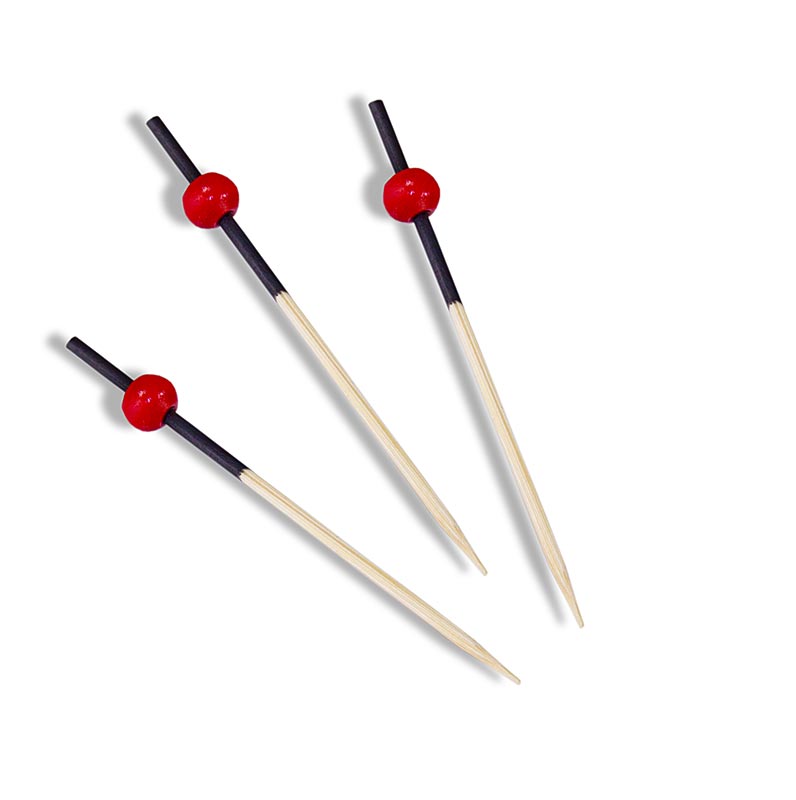 Pics en bois avec extrémité teintée en noir et boule rouge, 7cm de long, idéal pour canapés, fingerfood et buffets
