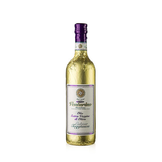 Huile d'olive extra vierge, Venturino, 100% olives Taggiasca, feuille d'or, 750 ml - Merveilleuse huile d'olive pure de Ligurie, légèrement harmonieuse, avec des notes d'amande douce et une finale discrètement épicée, idéale pour les plats de légumes, les viandes blanches, le poisson, les desserts et la pâtisserie, récoltée à la main par la famille Venturino.