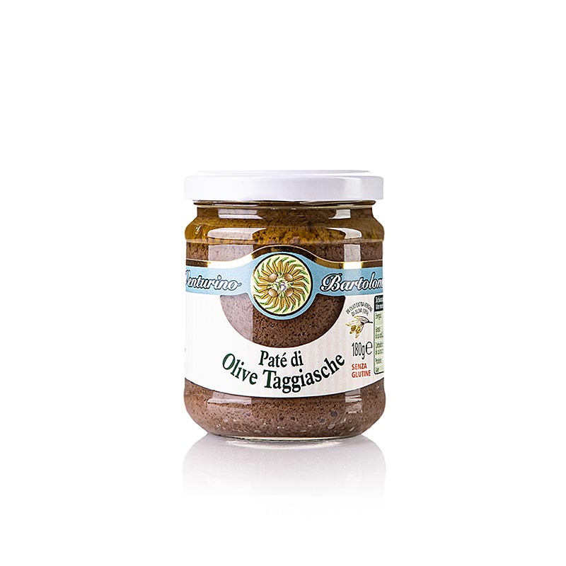 Pâte d'olives - Tapenade, noire, à base d'olives Taggiasca, Venturino, 180 g : pâte d'olives noires Taggiasca avec de l'huile d'olive ligurienne, du sel et des herbes aromatiques Idéal pour les amuse-bouches, les pâtes et comme garniture épicée