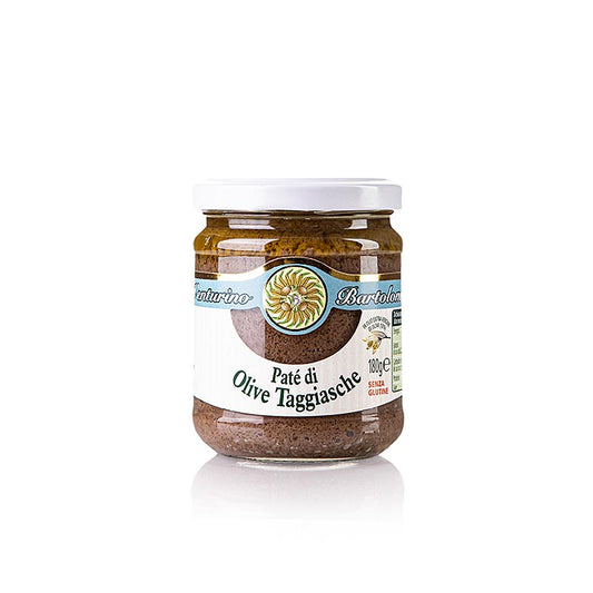 Pâte d'olives - Tapenade, noire, à base d'olives Taggiasca, Venturino, 180 g : pâte d'olives noires Taggiasca avec de l'huile d'olive ligurienne, du sel et des herbes aromatiques Idéal pour les amuse-bouches, les pâtes et comme garniture épicée